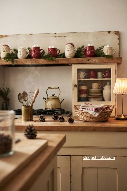 Vintage santa mug display with cozy nostalgic christmas coffee bar decor 