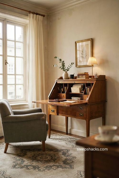 Vintage secretary desk for small office decor with hidden storage