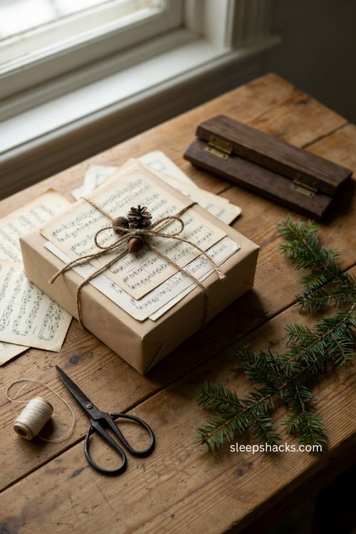 Vintage sheet music Christmas gift wrapping with kraft paper and pinecones 