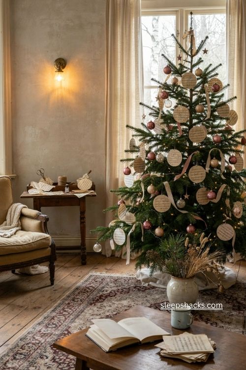 Vintage sheet music christmas ornaments on a nostalgic handmade holiday tree 