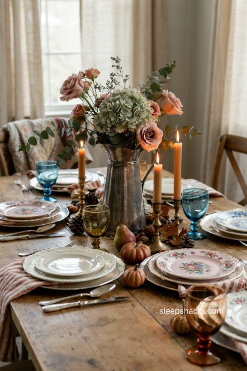 Vintage silver pitcher with blush roses eucalyptus sage and hydrangeas for thanksgiving 