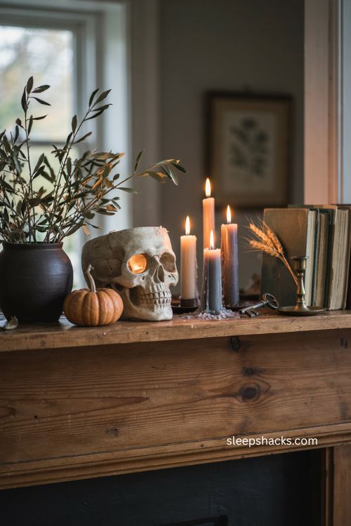 Vintage skeleton skull bucket with glowing vellum eyes and pillar candles 