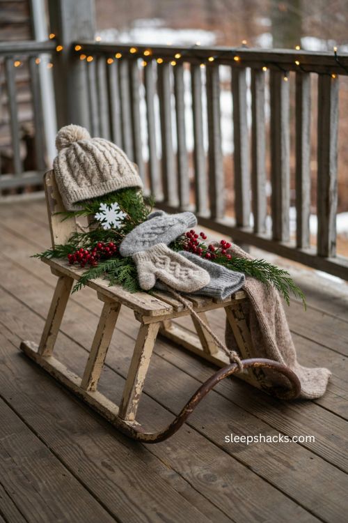 Vintage sled Christmas decor dressed with wool hat mittens and winter clothing 