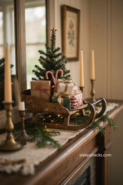 Vintage sled Christmas decor filled with tabletop tree gifts and candy canes 