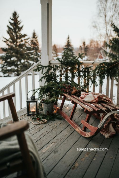 Vintage sled Christmas decor on a cozy rustic farmhouse porch 