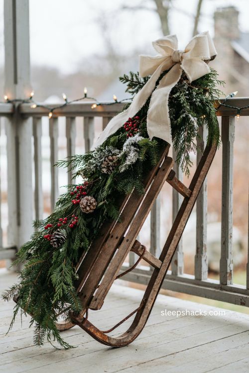 Vintage sled Christmas decor with classic greenery swag berries and bow 