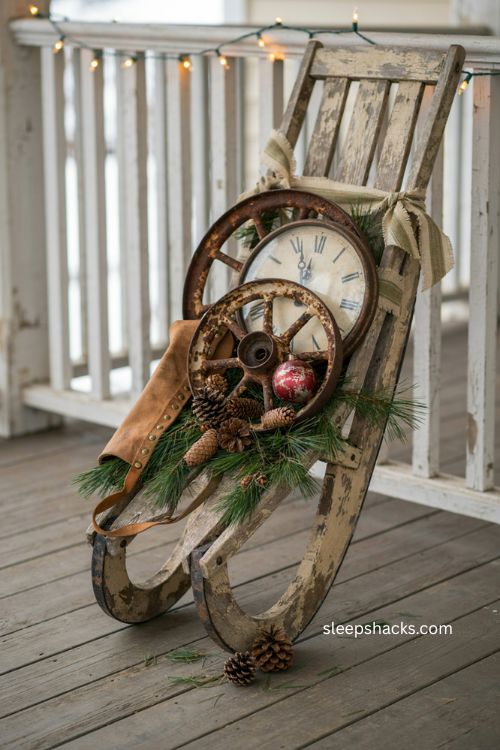 Vintage sled Christmas decor with flea market junk and rustic pine accents 