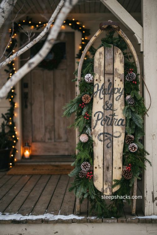 Vintage sled Christmas decor with hand lettered sign and evergreen frame 