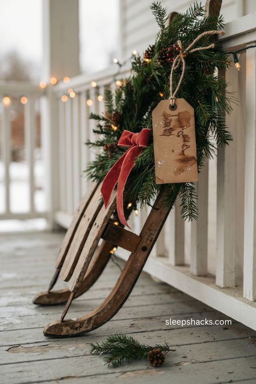 Vintage sled Christmas decor with handmade shipping tag ornament and greenery 