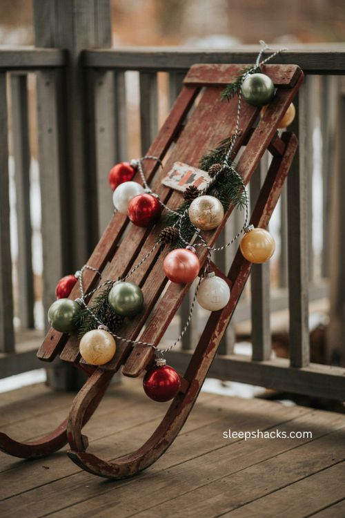 Vintage sled Christmas decor with old fashioned bulb ornaments and twine 