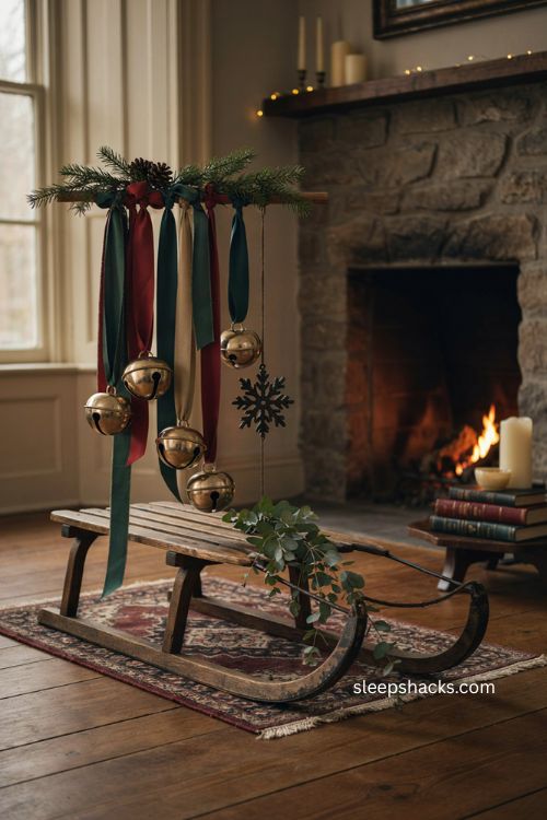 Vintage sled Christmas decor with oversized jingle bells and satin ribbon 