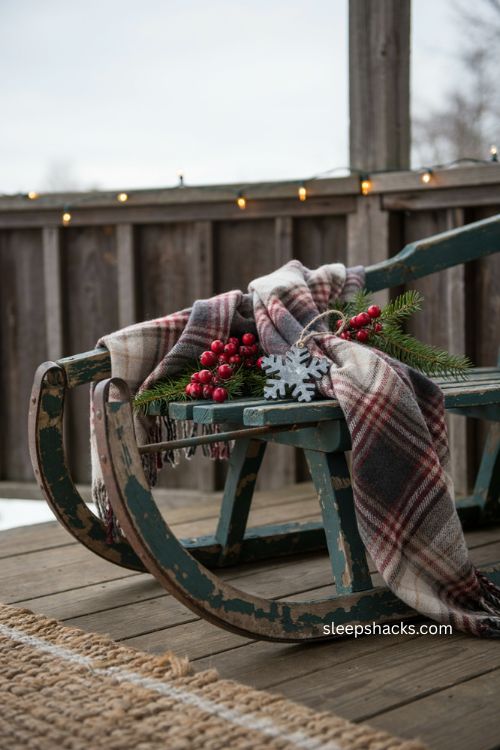 Vintage sled Christmas decor with plaid scarf red berries and pine branches 