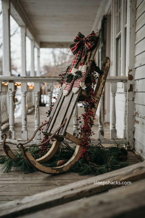 Vintage sled Christmas decor with red berries plaid ribbon and mittens 