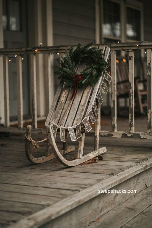 Vintage sled Christmas decor with small evergreen wreath and bunting 