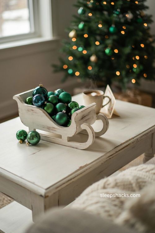 Vintage sleigh filled with green ornaments christmas coffee table decor 