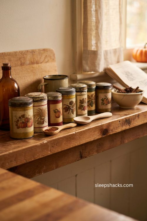 Vintage spice tins with old Halloween labels on a farmhouse kitchen shelf 