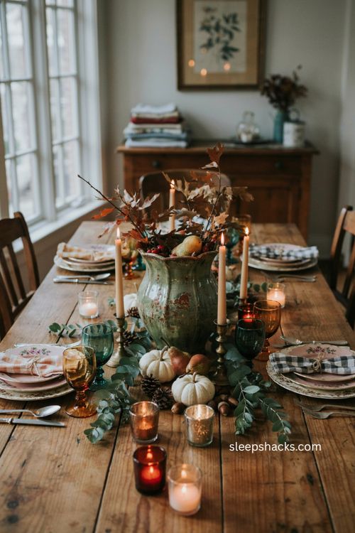 Vintage statement centerpiece anchoring an eclectic thanksgiving tablescape 