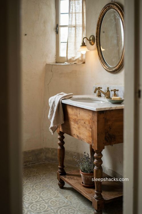 Vintage statement vanity half bathroom ideas with aged wood