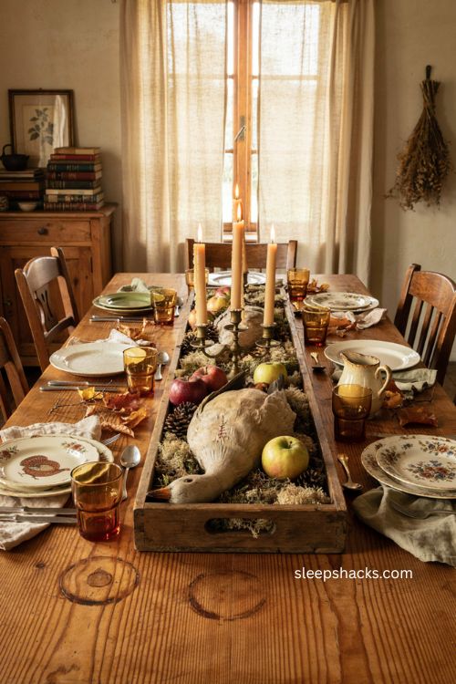 Vintage stuffed goose woodland centerpiece with apples moss and candles for thanksgiving