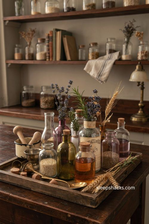 Vintage style potion bottles grouped on a tray for spooky apothecary Halloween decor 