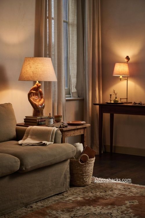Vintage table lamps with ceramic bases and warm evening light in a cozy living room 