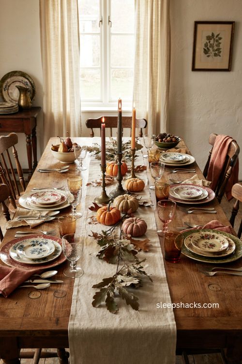 Vintage thanksgiving tablescape with thrifted china antique glassware and autumn decor