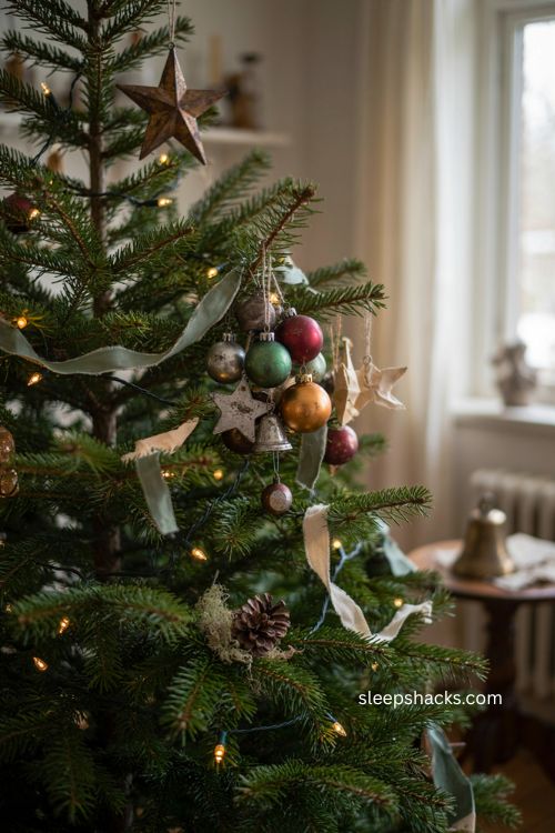 Vintage tin ornaments clustered on a nostalgic Christmas tree with weathered handmade holiday decor 