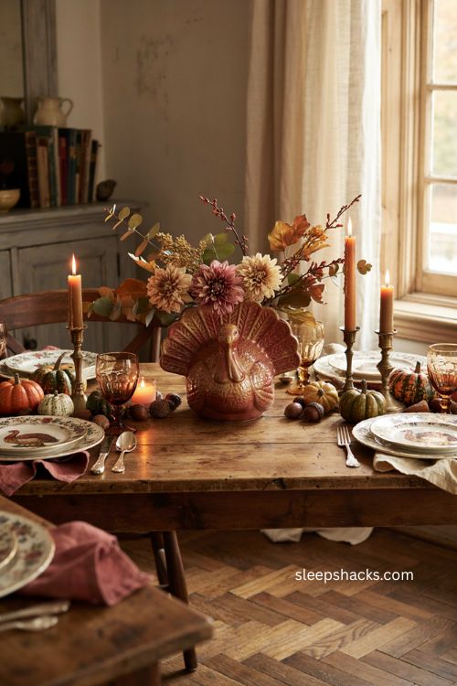 Vintage turkey planter with muted fall florals on a thanksgiving tablescape