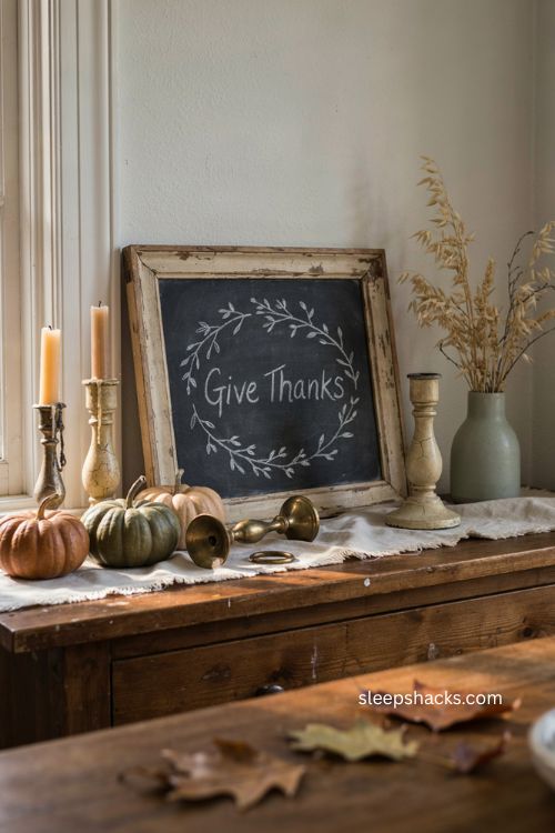 Vintage weathered Thanksgiving chalkboard with give thanks script and rustic farmhouse table decor 