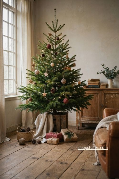 Vintage wooden crate Christmas tree stand with farmhouse holiday decor and natural textures 
