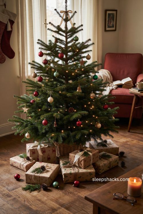 Vintage wrapping paper and ribbon on nostalgic Christmas gifts beneath a cozy decorated tree 