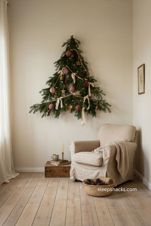 Wall mounted Christmas tree idea for a small living room with garland and rustic branches 
