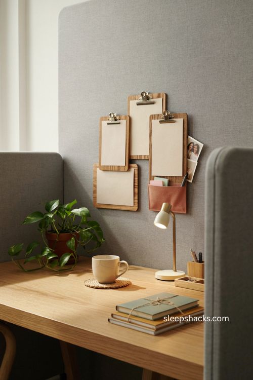 Wall mounted clipboard organization for cozy cubicle desk decor 