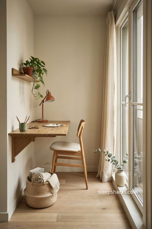 Wall mounted fold down desk for a practical small closed balcony workspace