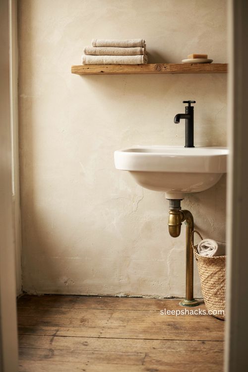 Wall mounted sink rustic small bathroom with reclaimed wood shelf