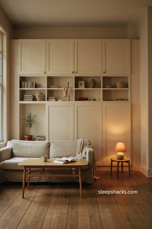 Wall mounted storage climbing toward the ceiling in a small living room 
