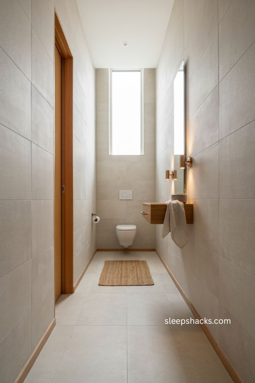 Wall mounted toilet ideas for a narrow bathroom with light tile and open floor 