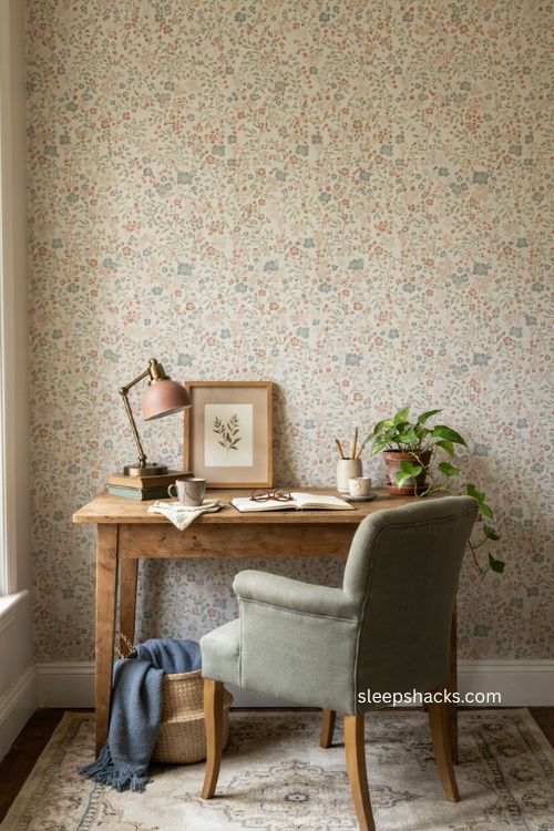 Wallpaper behind the desk for a cozy cute office nook 
