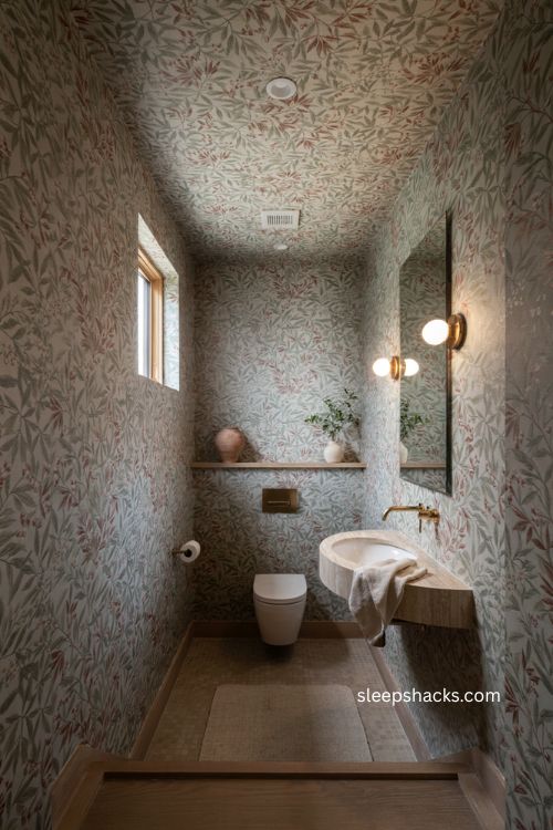 Wallpaper ceiling ideas for a small toilet room with botanical walls 