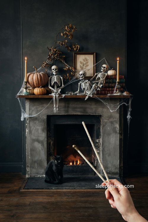 Wand pointed at skeleton fireplace mantel with pumpkins and cobwebs Gothic Halloween decor