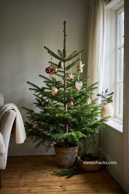 Warm Christmas decor with a naturally decorated real Christmas tree and heirloom ornaments 