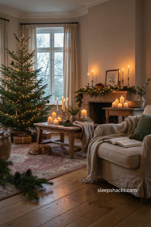 Warm Christmas decor with candles and twinkle lights for a cozy holiday glow 
