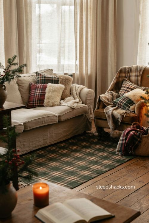 Warm Christmas decor with chunky knit throws plaid pillows and sheepskin seating 