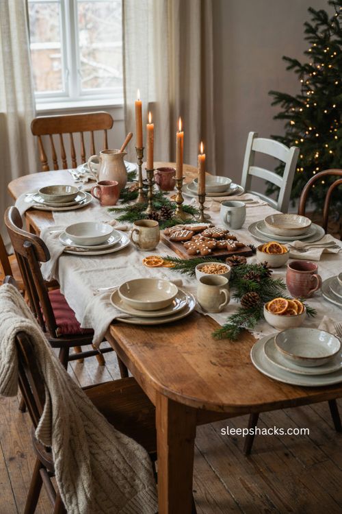 Warm Christmas decor with cozy holiday brunch table gingerbread cookies and mismatched mugs 