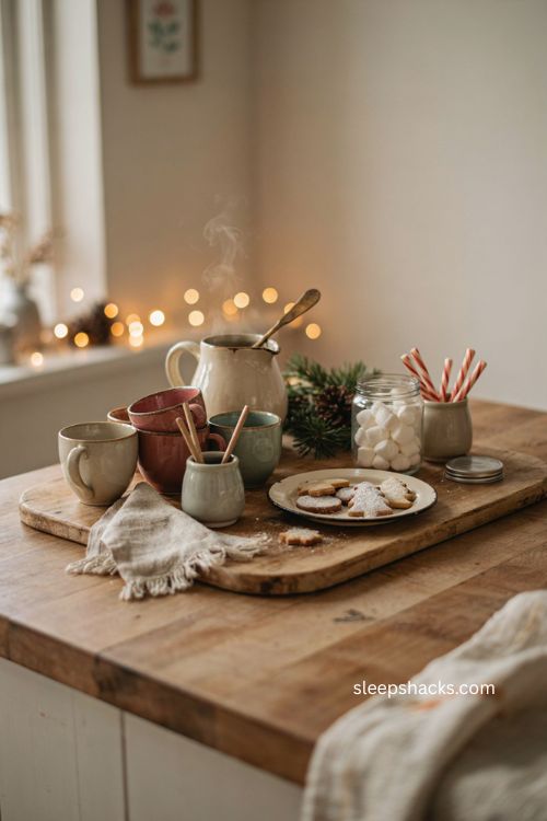 Warm Christmas decor with cozy hot chocolate beverage bar and marshmallows 