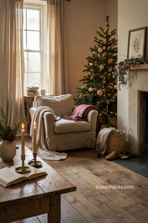 Warm Christmas decor with cozy natural textures and soft holiday lighting 