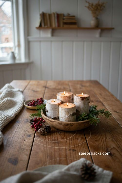 Warm Christmas decor with diy birch log candle holders and evergreen 