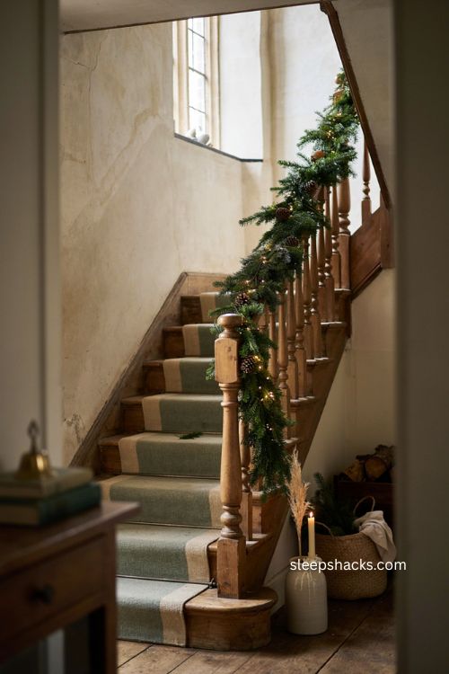 Warm Christmas decor with fresh evergreen garland on a cozy staircase 