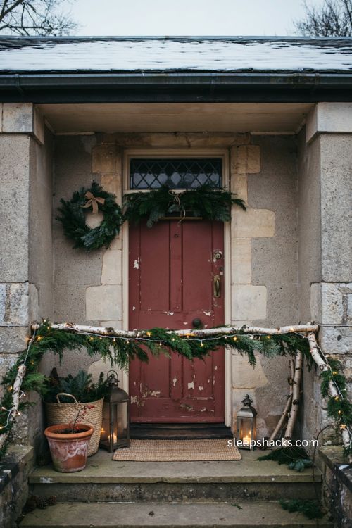 Warm Christmas decor with fresh porch greenery window boxes and glowing lights 