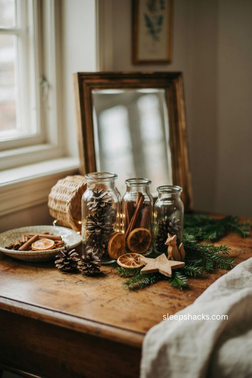 Warm Christmas decor with pinecones cinnamon sticks and natural wood vignette 